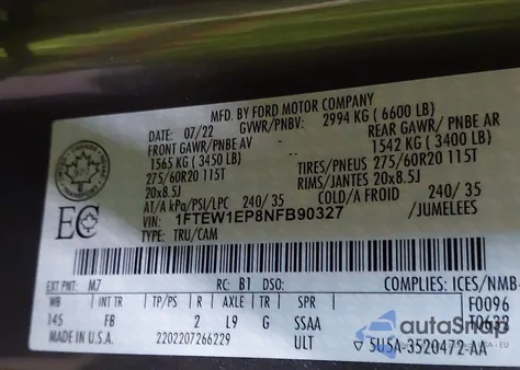 2022 Ford F-150 Xlt из США, поврежденный, VIN 1FTEW1EP8NFB90327